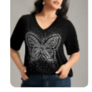 BloomChic Butterfly Rhinestone V-Neck T-Shirt – Black